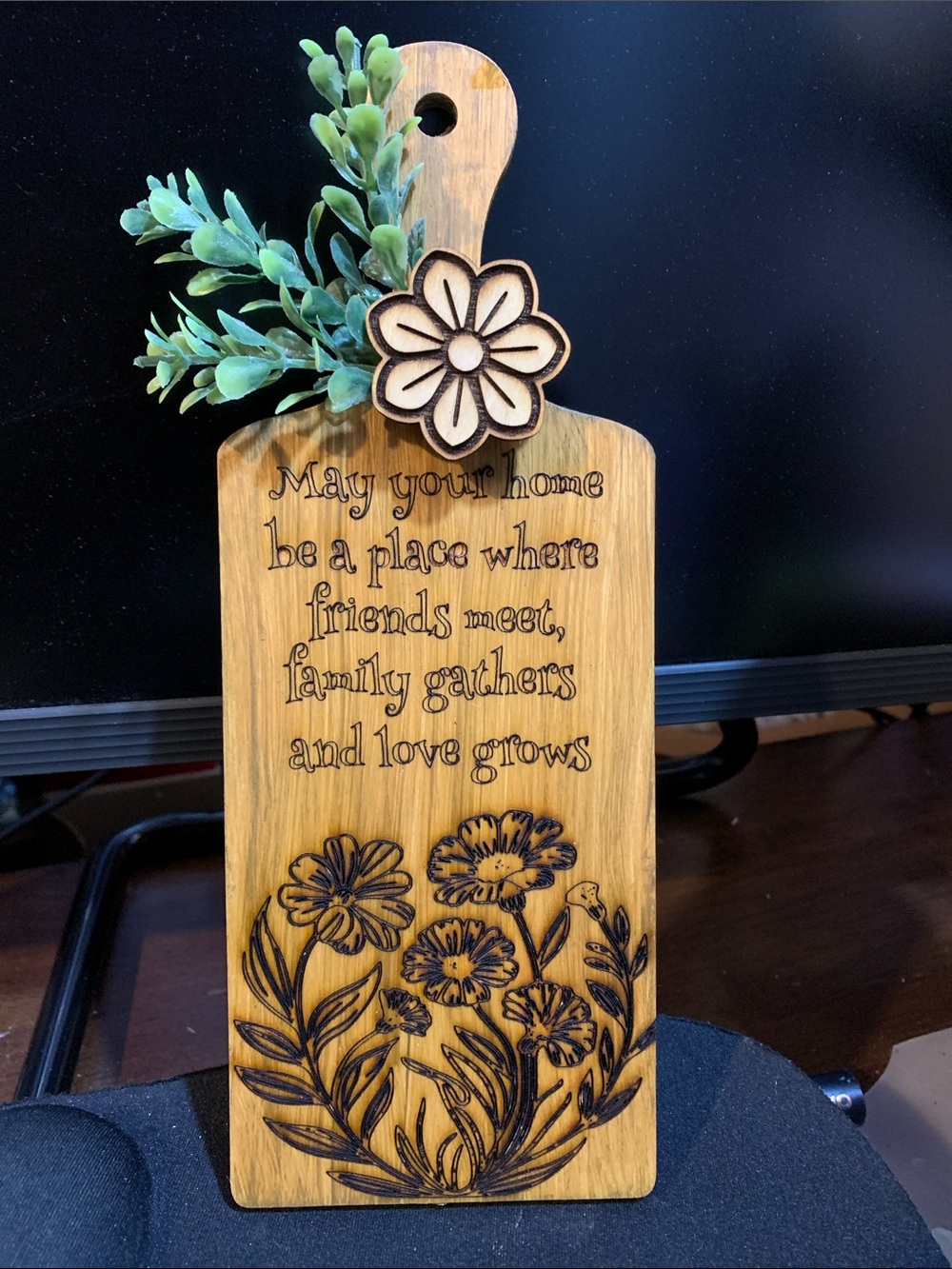 Wooden Decorative Cutting Board Sign with Floral Design - Natural Wood